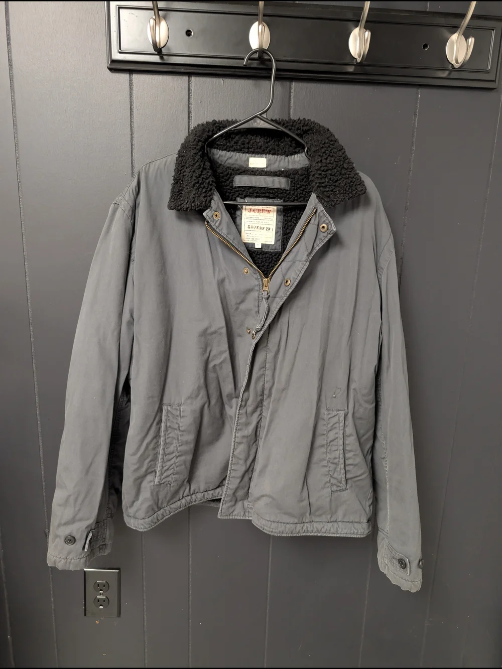 J. Crew Men's Gray Jacket with Black Fleece Lined And Black Fleece Collar